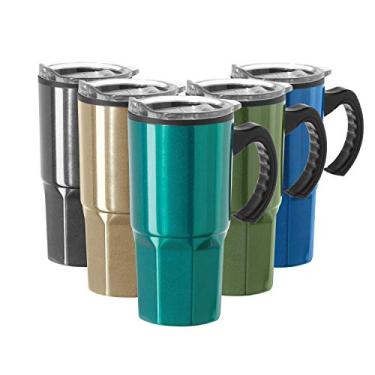 Imagem de Oggi Caneca de viagem de aço inoxidável HEX – Pavão, 510 g, com tampa de acrílico deslizante e alça fácil de segurar para bebidas quentes e frias