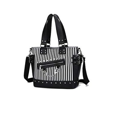 Imagem de Bolsa feminina de lona punk com alça de ombro transversal grande capacidade preta, Striped-luminous, 1