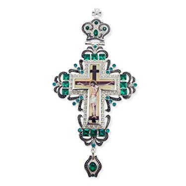 Imagem de Nazareth Store Pingente de cruz peitoral Jesus Sacerdote Bispo Crucifixo Verde Cristalizado Clero e Corrente de Prata 58,4 cm - Caixa de presente, 23", Strass, Strass