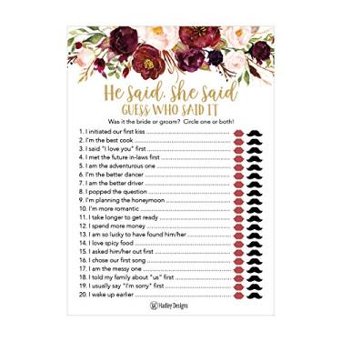 Imagem de 25 artigos de festa de aniversário de casamento floral para chá de panela, despedida de solteira, ideias de jogo de festa de aniversário, ouro, disse ele, cartões para casais, engraçados para Ed Trivia