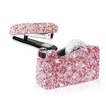 Imagem de Bling Bling Bling Crystal Luxury – Grampeador de diamante feito à mão e dispensador de fita de mesa – Kit de papelaria de escritório para meninas da moda (rosa)