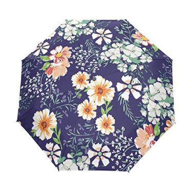 Imagem de U LIFE Guarda-chuva vintage floral com margaridas e flores abertas, guarda-chuva automático compacto e dobrável contra raios UV