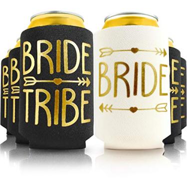 Imagem de Coolers de bebida para noivas tribo e noiva para festa de despedida de solteira, chá de panela e casamento. Mangas de garrafa de 4 mm de espessura, latas de biscoitos, isoladores de bebida, Black & Gold, 11pc Set