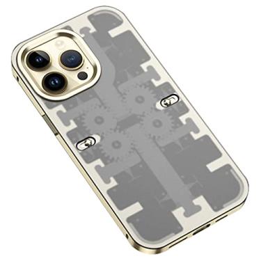 Imagem de DENSUL Capa para iPhone 14/14 Pro/14 Plus/14 Pro Max, capa de vidro temperado, traseira estilo legal 44 engrenagem mecânica, capa de telefone de proteção de lente de liga de alumínio, ouro, 14 pro 6,1 polegadas