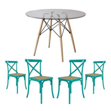Imagem de Conjunto De Mesa Eiffel Redondo Tampo De Vidro 110Cm Com 4 Cadeiras Katrina Azul Turquesao Be