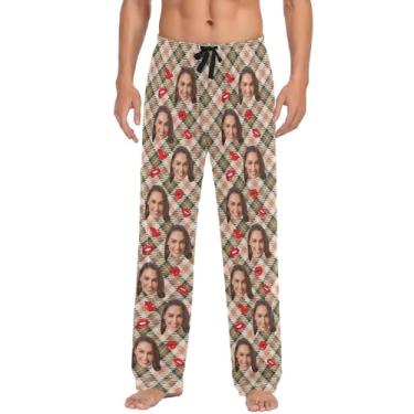 Imagem de Calças de pijama personalizadas para homens calças de pijama masculinas xadrez rosa com calças de pijama de foto, Xadrez rosa creme, M