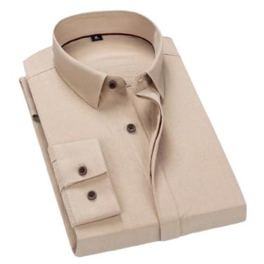 Imagem de Camisas masculinas de manga comprida de algodão sólido casual macio social camisa masculina de ajuste regular, Bege, XXG