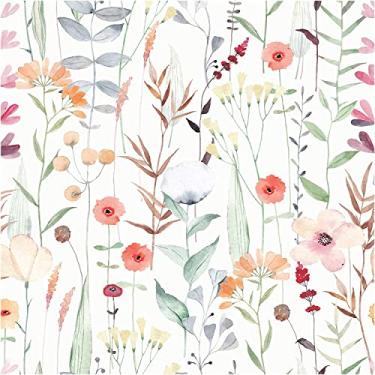 Imagem de Blooming Wall DPY81 Aquarela removível folhas frescas com pequenas flores multicoloridas texturizadas papel de parede autoadesivo pré-colado papel de parede