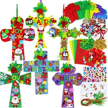 Imagem de Winlyn 24 conjuntos de enfeites de cruz de Natal decorações conjuntos de arte DIY kits de artesanato de Natal boneco de neve floco de neve adesivos de espuma de Natal artes e artesanato para lembrancinhas de festa infantil sala de aula Escola Dominical VBS atividades