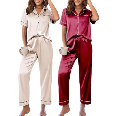 Imagem de Ekouaer Pacote com 2: Conjunto de pijama de cetim para mulheres, conjunto de pijama de manga curta, conjunto de pijama de seda e calça comprida, Champanhe + vermelho vento, GG