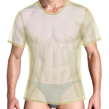 Imagem de HASWECHYS Camiseta masculina de malha transparente plus size para mostrar a camiseta respirável muscular, 1 amarelo, 3G