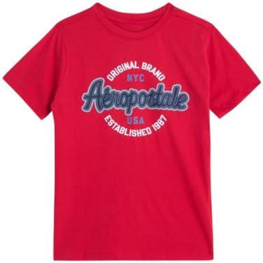 Imagem de AEROPOSTALE Camiseta para meninos - Camiseta infantil de algodão de manga curta - Camiseta clássica com gola redonda estampada para meninos (4-16), Vermelho, 4