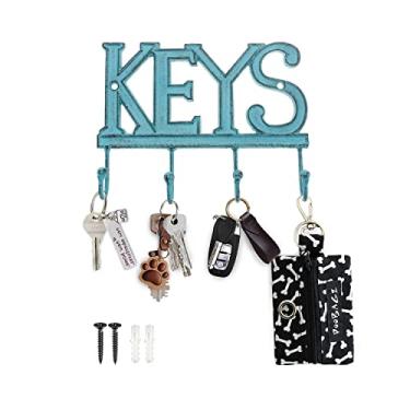 Imagem de Comfify Porta-chaves para parede – Organizador de chaves rústico de ferro fundido decorativo para casa de fazenda – 4 ganchos para chaves – Porta-chaves vintage para entrada com parafusos e âncoras – 15 x 20 cm (azul antigo)