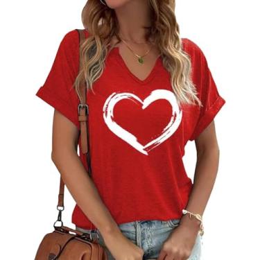 Imagem de Earlymemb Camiseta feminina com estampa de coração e decote em V para o dia dos namorados para casal, casual, de manga curta, para presente, A-vermelho-3, M