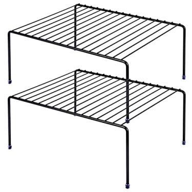 Imagem de Prateleira de armazenamento de armário de cozinha/pés de plástico - (33,1 x 25,4 cm) - Metal de aço - Acabamento resistente à ferrugem - Organização de copos, pratos, armário e despensa (2, preto)