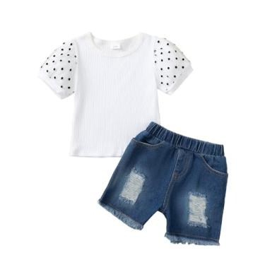Imagem de SUNNY PIGGY Conjunto de roupas de verão para meninas, camiseta de manga curta, jeans e shorts, Branco, 7-8Y