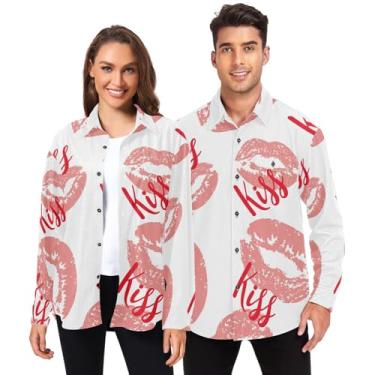 Imagem de Yuiboo Camisetas masculinas de algodão de manga longa para viagem com bolsos dia dos namorados beijos lábios rosa vermelha, Valentines Kisses Lips Rosa Vermelho, PP