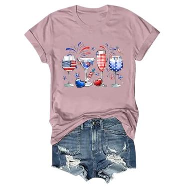 Imagem de Camisetas patrióticas femininas com bandeira americana com estampa engraçada de taça de vinho 4 de julho, camisetas casuais de verão, Rosa choque, G