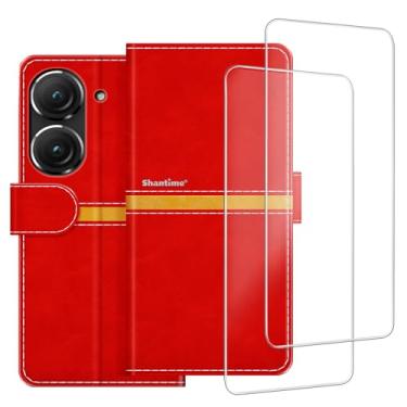 Imagem de ESACMOT Capa de celular compatível com Asus ZenFone 9 + [2 unidades] película protetora de tela de vidro, capa protetora magnética de couro premium para Asus ZenFone 10 (5,9 polegadas) vermelha