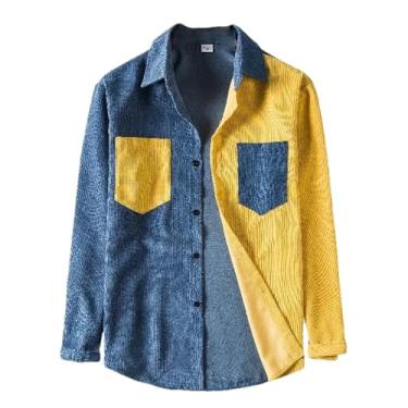 Imagem de Camisas masculinas casuais de veludo cotelê grosso de manga comprida patchwork bolso jaquetas masculinas camisas de agasalho para homens, Azul, amarelo, M