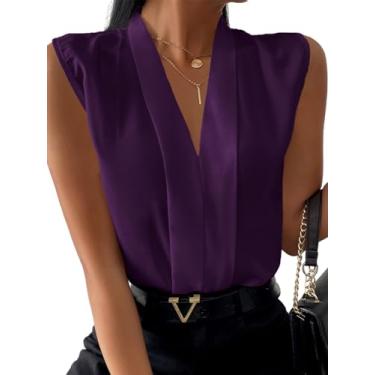 Imagem de LYANER Blusa feminina elegante com gola V plissada sem mangas chiffon para trabalho, Roxo escuro, PP