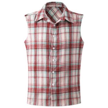 Imagem de Camisa masculina xadrez sem mangas casual de flanela com botões ajuste solto com bolso, Branco-a210, P