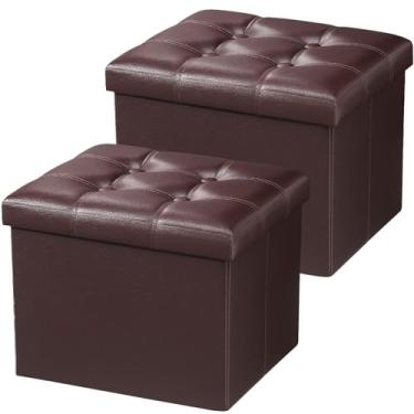 Imagem de AmasSmile Banqueta dobrável para descanso para os pés, banco de couro, banquinho curto para otomano, armazenamento de descanso para os pés, livros (marrom - 2 peças, 43 cm P x 33 cm L x 33 cm A)
