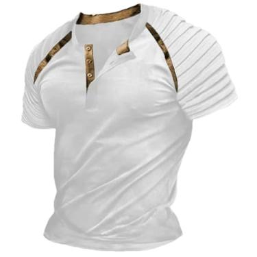 Imagem de Camiseta masculina casual primavera verão manga curta plissado gola Henley patchwork listrada, Dx-1 branco, P
