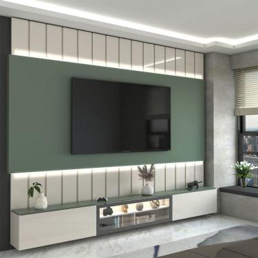 Imagem de Painel para TV 85 Polegadas Imperator 3 Portas 100% Mdf com Led Off White/Verde - Panorama Móveis