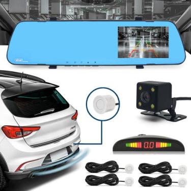 Imagem de Kit Retrovisor C/ Tela + Câmera Ré E Frontal + Sensor Ré Branco Pérola