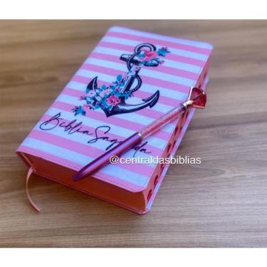 Imagem de Kit Biblia Ancora e Caneta fofa Letras Grandes Evangélica Com Harpa E 