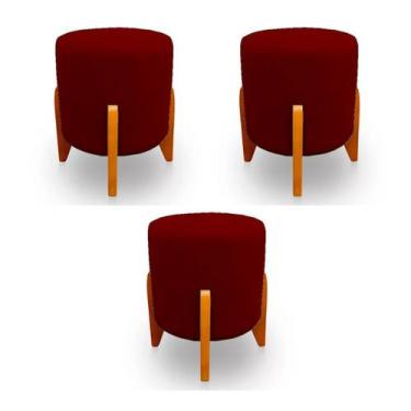 Imagem de Kit 3 Puffs Decorativos Thor Pés Em Madeira Veludo Marsala Kimi Decor