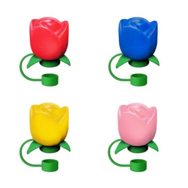 Imagem de 4 tampas de palha rosa compatíveis com Stanley Cup 40 e copos de 850 g com alça, lindo topo de palha de flores de silicone, topos de palha reutilizáveis para acessórios de copo Stanley