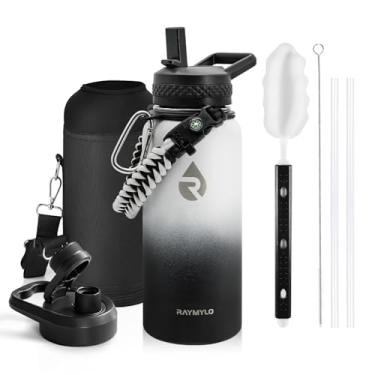 Imagem de Garrafa térmica para água RAYMYLO moderna, aço inoxidável, parede tripla isolada a vácuo (fria por 48 h), antivazamento, sem BPA, alça de paracord, tampa de bico/canudo, 946 ml, degradê: preto/branco