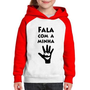 Imagem de Moletom Infantil Fala Com a Minha Mão - Foca na Moda, Branco, Vermelho