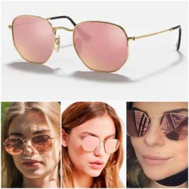 Imagem de Óculos De Sol Hexagonal 3548 Dourado Rosa Espelhado Feminino Moderno M