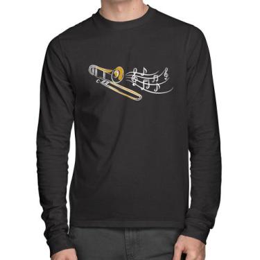 Imagem de Camiseta Algodão Trombone Notas Musicais Manga Longa - Foca na Moda, P