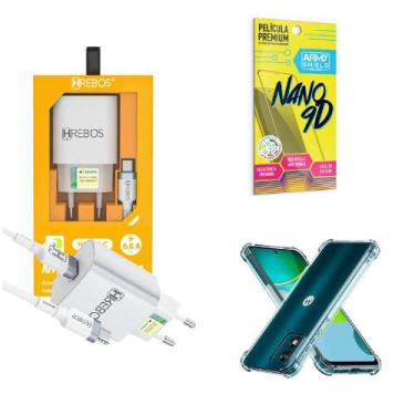 Imagem de Kit Carregador Turbo + Capinha Motorola E13 + Película 9D - HRebos