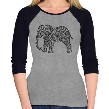 Imagem de Baby Look Raglan Elefante Mandala Manga 3/4 - Foca na Moda, Cinza, Pre