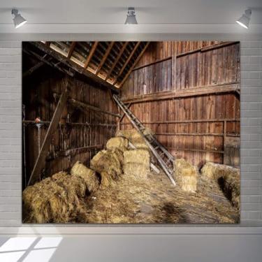 Imagem de Pano de fundo de celeiro antigo 3 x 2,4 m de vinil para fotografia de casa de fazenda, palha escada, tábua de madeira, fundo de foto, tema ocidental, festa temática de crianças, adultos, pano de