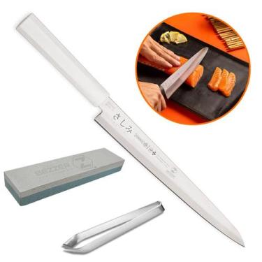 Imagem de Kit Faca Sashimi Japonesa 10Pol Inox Yanagiba e Pedra de Afiar + Pinça