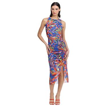 Imagem de Donna Morgan Midi feminino franzido frente única nas costas, Azul verdadeiro e vermelho, 44