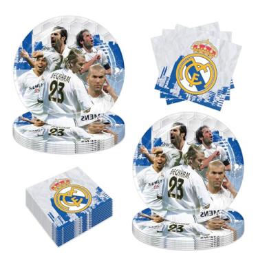 Imagem de 40 peças de suprimentos de festa de aniversário do Real Madrid incluem 20 pratos, 20 guardanapos para a decoração de festa do Real Madrid