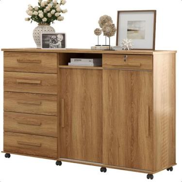 Imagem de Cômoda 6 Gavetas 2 Portas Correr Rodizios Max - Lukaliam, Freijo