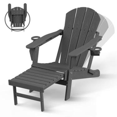 Imagem de BRIOPAWS Cadeira Adirondack dobrável com encosto ajustável e otomana, textura de madeira HDPE para todos os climas com porta-copos e apoio retrátil para os pés para piscina, fogueira, deck, cinza