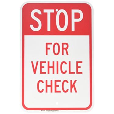 Imagem de Brady Placa de controle de tráfego 124432, legenda "Stop for Vehicle Check", 45,7 cm de altura, 30,5 cm de largura, vermelho sobre branco