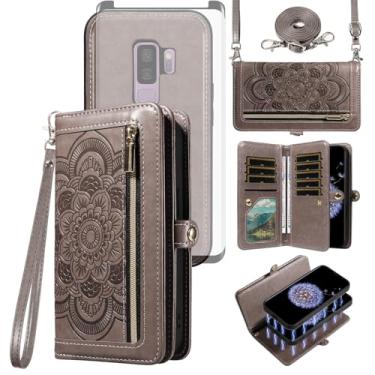 Imagem de Asuwish Capa de celular para Samsung Galaxy S9 Plus com zíper carteira magnética destacável com protetor de tela de vidro temperado, alça transversal, porta-cartões de flores S9+ 9S 9+ S 9 9plus