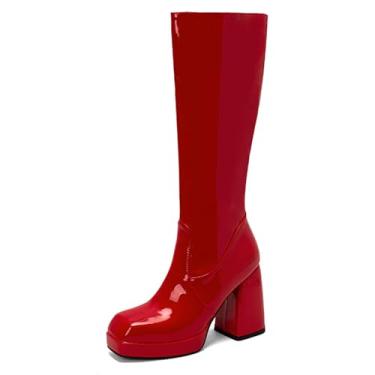 Imagem de Rock88 Botas plataforma femininas com acabamento brilhante, salto alto até o joelho com zíper lateral e salto bloco para encontros e reuniões, vermelha, 40