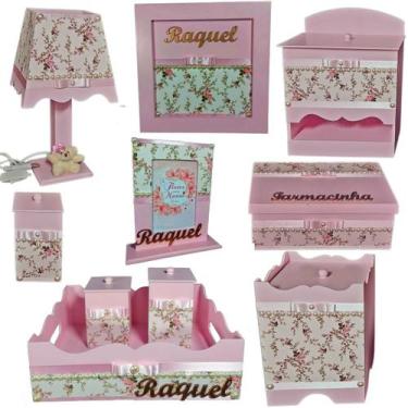 Imagem de Kit Higiene bebê Mdf 10 peças menina - ROSA COM BRANCO FLORIDO E PÉROL