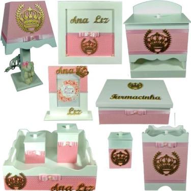Imagem de Kit farmacinha bebê Mdf 10 peças - Coroa Rosa bb de bolinhas - Flores 